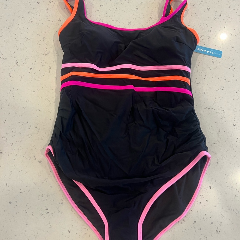 Popvil Black One-Piece Swimsuit with Pink & Orange Trim